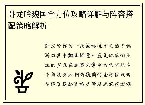 卧龙吟魏国全方位攻略详解与阵容搭配策略解析